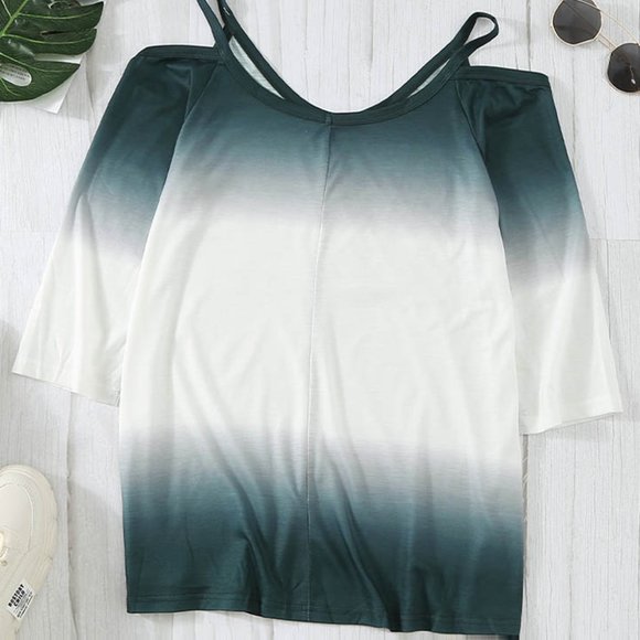 Ombre Dark Teal & Ivory Cold Shoulder Shirt - Picture 6 of 10